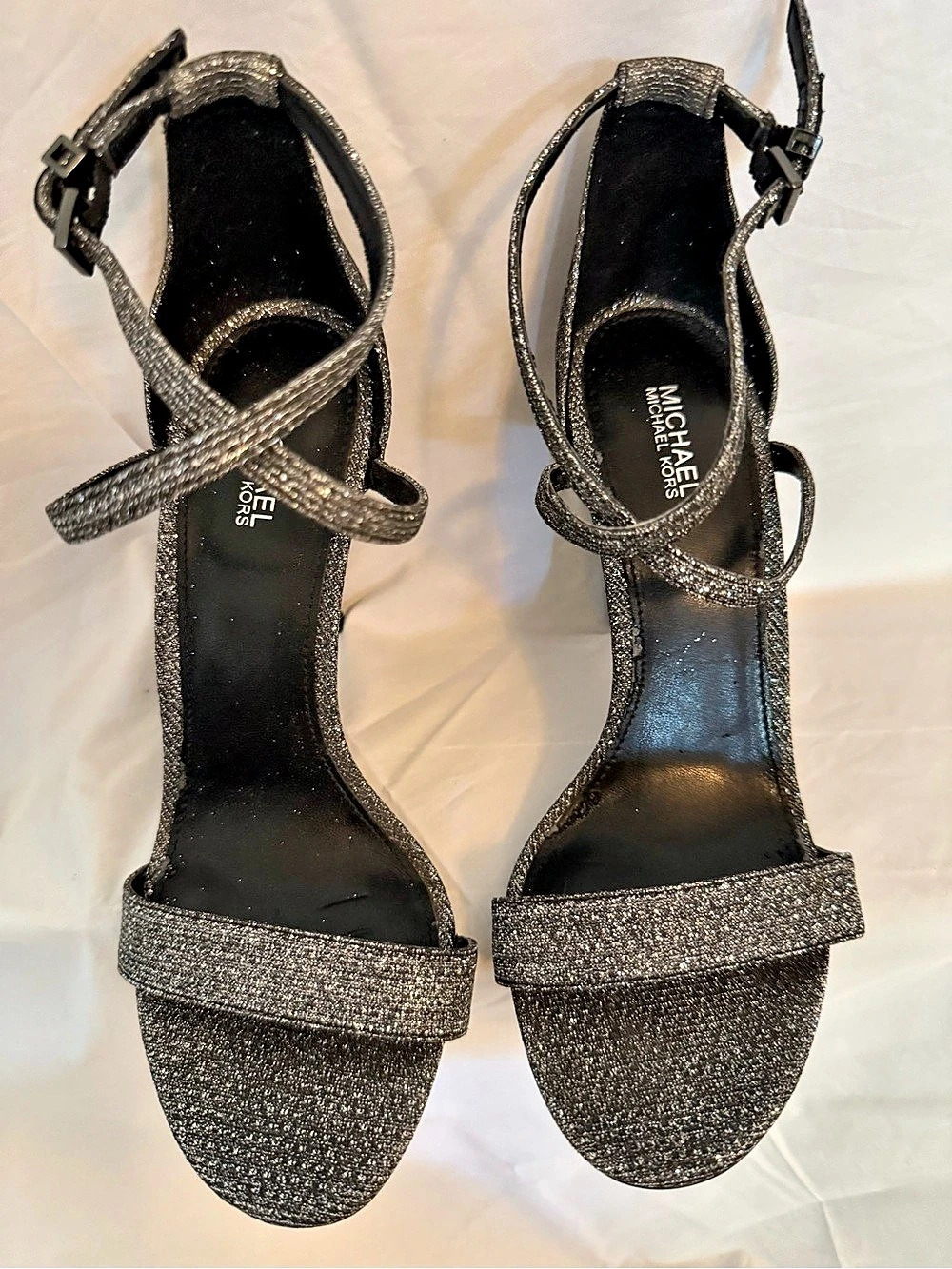 Michael Kors Glitter Ankle Strap Heels in Silver. Size 7.5